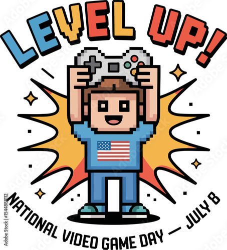 Retro gamer boy raising joystick above head with comic rays and national video game day July 8 illustration  