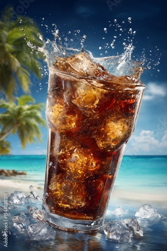 A vibrant glass of cola filled with ice cubes splashes on a sandy beach, surrounded by palm trees and a clear blue sky, creating a refreshing and inviting tropical scene.