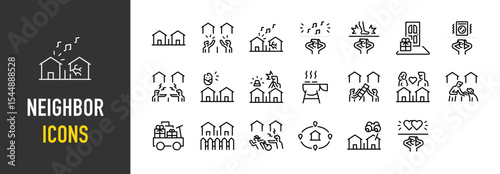 Set of Neighbor icons. such as Peace, Good, Music, Loud, Home, Sound, Angry, Baby, Emergency, Barbecue, Connection, Romance, Dog, Gift, Alert, Location, Watch Over illustration.	
