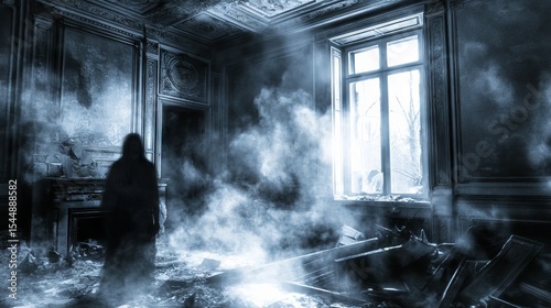 A ghostly translucent woman in a frightening abandoned room, embodying a horror concept suitable for Halloween and terrifying tales