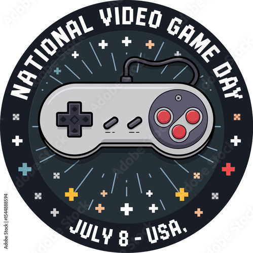 Old-school rounded joystick design with stars and national video game day July 8 USA retro vector  