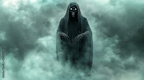A frightening specter of death, shrouded in a lengthy cloak, materializes out of the fog on a dramatic and eerie landscape, embodying a mysterious horror concept