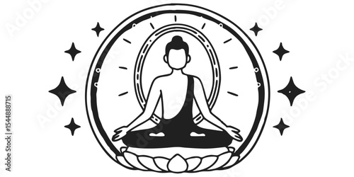 Illustration of a buddha in meditation on a lotus flower surrounded by stars and a radiant halo design