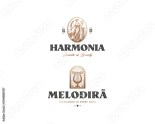 Beauty harmony goddess woman with harp symphony logo template for spa, cosmetics, wellness brand