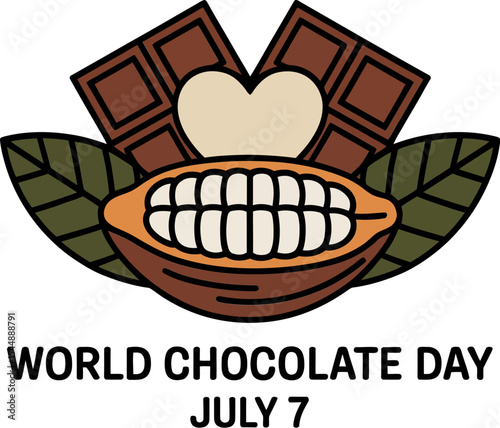 Flat cocoa plant cutaway showing beans and pod with green leaves and title world chocolate day July 7  