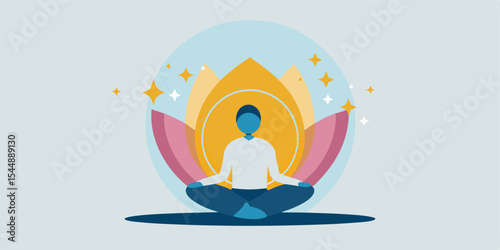 Illustration of a person meditating in the lotus position with a lotus flower background design