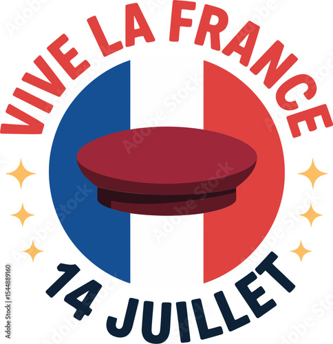 French flag themed 14 juillet logo with vive la France text and red beret centered for bastille day design 