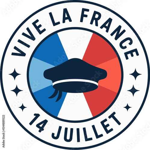 Vive la France logo with red white blue circular background and symbolic French beret for 14 juillet design  