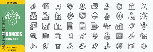 Finance line icons set. Money payments elements outline icons collection. Payments elements symbols. Currency, money, bank, cryptocurrency, check, wallet, piggy, balance, safe - stock vector.