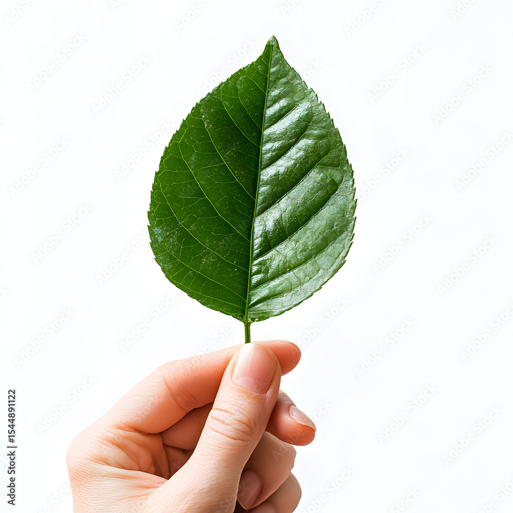 Hand holding a green leaf symbolizing nature, growth, and care Hand holding a green leaf symbolizing nature, growth, and care