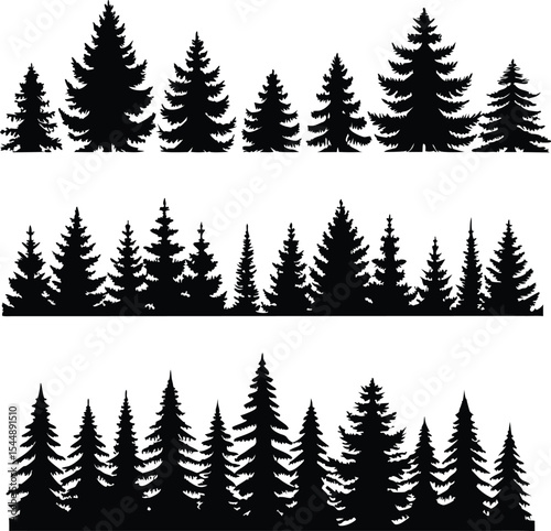 Silhouette of Evergreen Trees Set on White Background,Pine fir tree tall tree isolated premium vector image, black and white tree silhouettes,coniferous trees, pine trees,fir trees silhouettes set,Ai