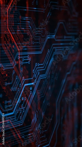 Blue futuristic printed circuit board. 3D render abstract network technology background. Digital server code processing or AI artificial intelligence deep machine learning concept. Vertical video