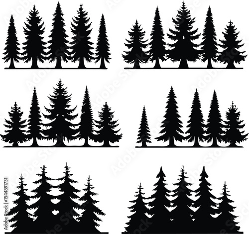 Silhouette of Evergreen Trees Set on White Background,Pine fir tree tall tree isolated premium vector image, black and white tree silhouettes,coniferous trees, pine trees,fir trees silhouettes set,Ai