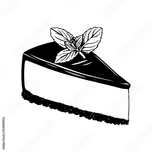 Slice of cheesecake with chocolate topping and mint garnish, black and white sketch style, isolated on white background, concept of dessert