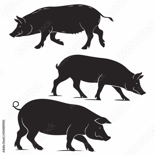 Pigs Silhouette Vector Sheet - Accurate Limb Proportions, Minimalist Black Shapes on White