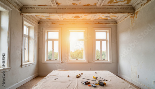 Sunlight streams into a vacant room showcasing restoration efforts and a glimpse of nature beyond the window