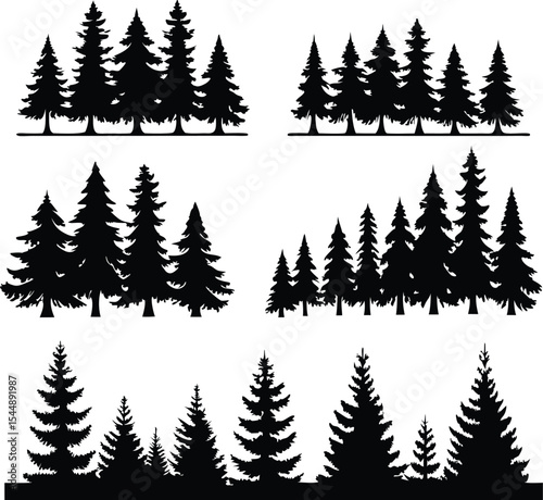 Silhouette of Evergreen Trees Set on White Background,Pine fir tree tall tree isolated premium vector image, black and white tree silhouettes,coniferous trees, pine trees,fir trees silhouettes set,Ai