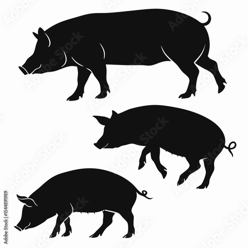 Pigs Silhouette Vector Sheet - Accurate Limb Proportions, Minimalist Black Shapes on White