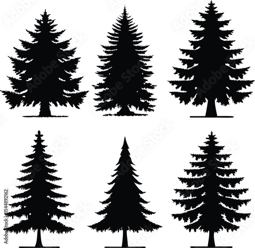 Silhouette of Evergreen Trees Set on White Background,Pine fir tree tall tree isolated premium vector image, black and white tree silhouettes,coniferous trees, pine trees,fir trees silhouettes set,Ai