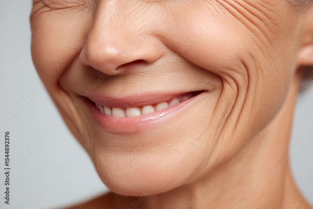 Obraz premium Woman looks at camera with friendly smile, emphasizing laugh lines and wrinkles. Soft studio light illuminates skin details against plain background. Concept of beauty, skincare, wellness
