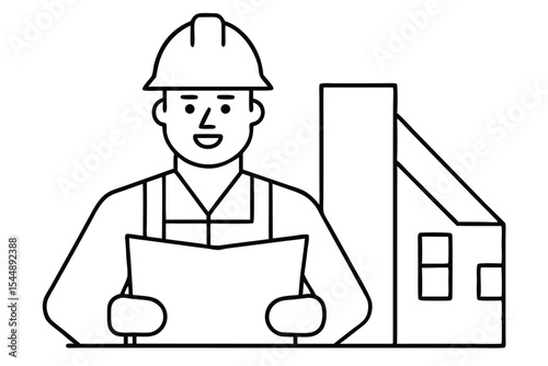 cunstruction worker with working paper line art vector illustration