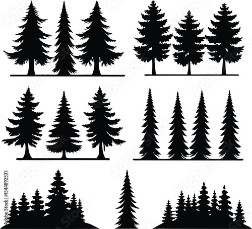 Silhouette of Evergreen Trees Set on White Background,Pine fir tree tall tree isolated premium vector image, black and white tree silhouettes,coniferous trees, pine trees,fir trees silhouettes set,Ai