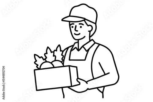 gardener holding box with full of vegetables line art vector illustration