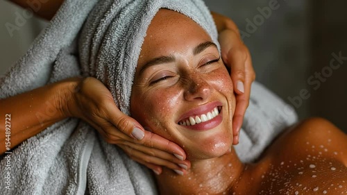 Relaxed young woman enjoying facial massage at spa, skincare therapy highlighting wellness and rejuvenation