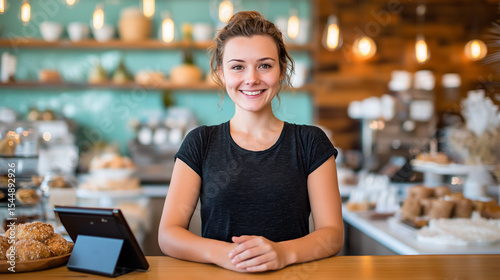Owner smiling at camera behind coffee shop counter with fresh pastries and POS tablet. Warm earth-tone decor and hanging Edison bulbs create inviting atmosphere