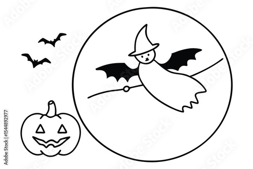 Line art of a witch flying on a broomstick horror theme line art illustration vector for coloring page