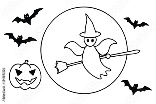 Line art of a witch flying on a broomstick horror theme line art illustration