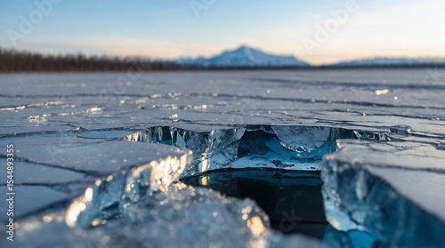 Close-Up of Cracked Ice Sheet with Radial Fracture