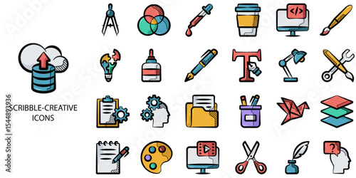Scribble Creative simple concept 24 hand drawn color icons set .Vector illustration.