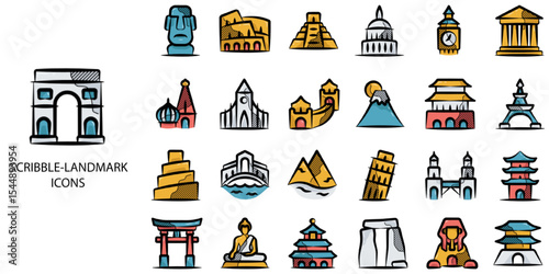 Scribble Landmark simple concept 24 hand drawn color icons set .Vector illustration.