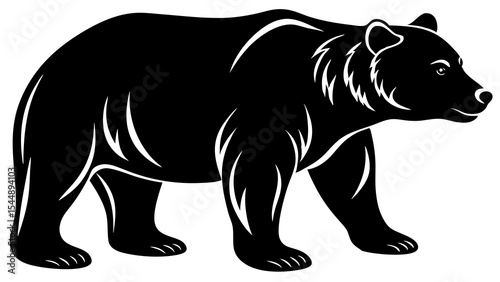 Illustration of a black bear with white accents walking to the right side of the frame view created with generated ai