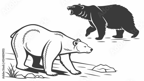 Two bears depicted in a black and white illustration showing a polar bear and a grizzly bear walking created with generated ai