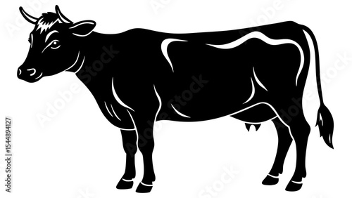 A black and white illustration of a cow standing in a field with its head turned to the left side created with generated ai