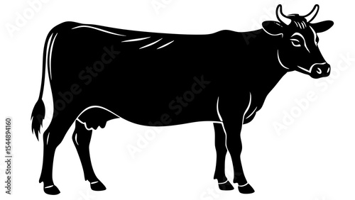 Silhouette of a dairy cow standing in profile with horns and udder in a black and white illustration created with generated ai