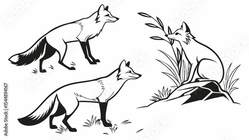 Illustration of three foxes in various poses with grass and rock outlines in black and white style created with generated ai