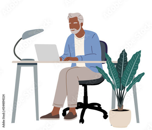 Senior man in casual clothes sitting at desk with laptop, table lamp, and potted plants. Home office or remote work concept. Vector illustration isolated on transparent background.