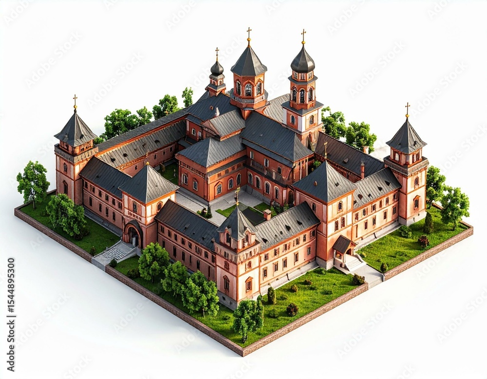 Obraz premium Isometric View of a Large Brick Monastery Complex with Green Landscaping