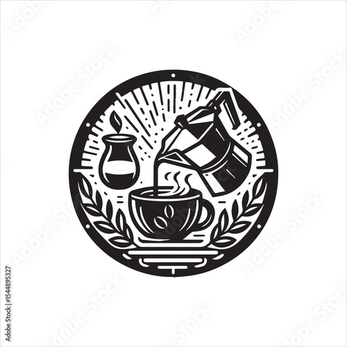 Vintage coffee brewing illustration:  moka pot pouring into cup,  surrounded by sunburst and leaves.
