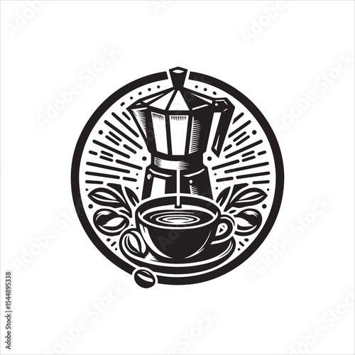 A stylized black and white illustration of a coffee pot pouring into a cup.