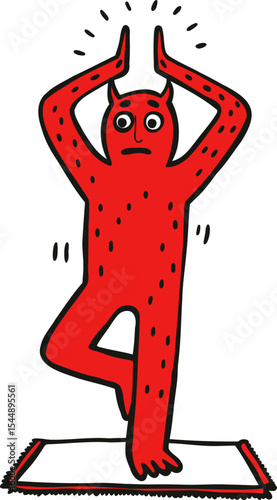 Red cartoon devil character doing a yoga tree pose on a mat. Funny demon illustration for meditation or balance concept.
