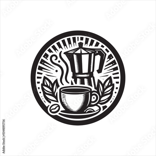A stylized monochrome illustration of a coffee pot and cup, encircled by coffee leaves and beans.