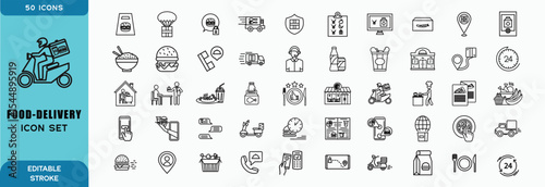 Food delivery line icon set. Order food home, courier, fast food and more. Outline vector icon in linear style. Conceptual pictogram collection
