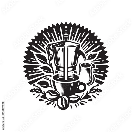 A black and white illustration showing coffee being poured into a cup.