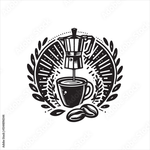 Vintage coffee maker pouring espresso into a mug, surrounded by coffee beans and laurel wreath.