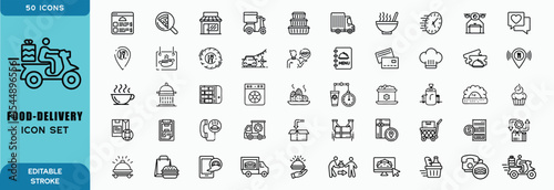 Set of 50 outline icons related to food delivery. Linear icon collection. Editable stroke. Vector illustration