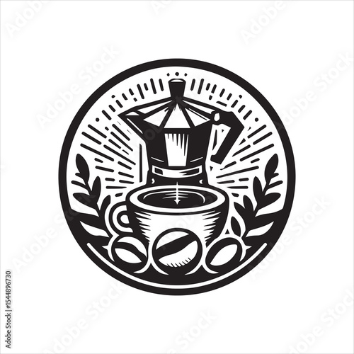 A black and white coffee logo featuring a moka pot and cup.